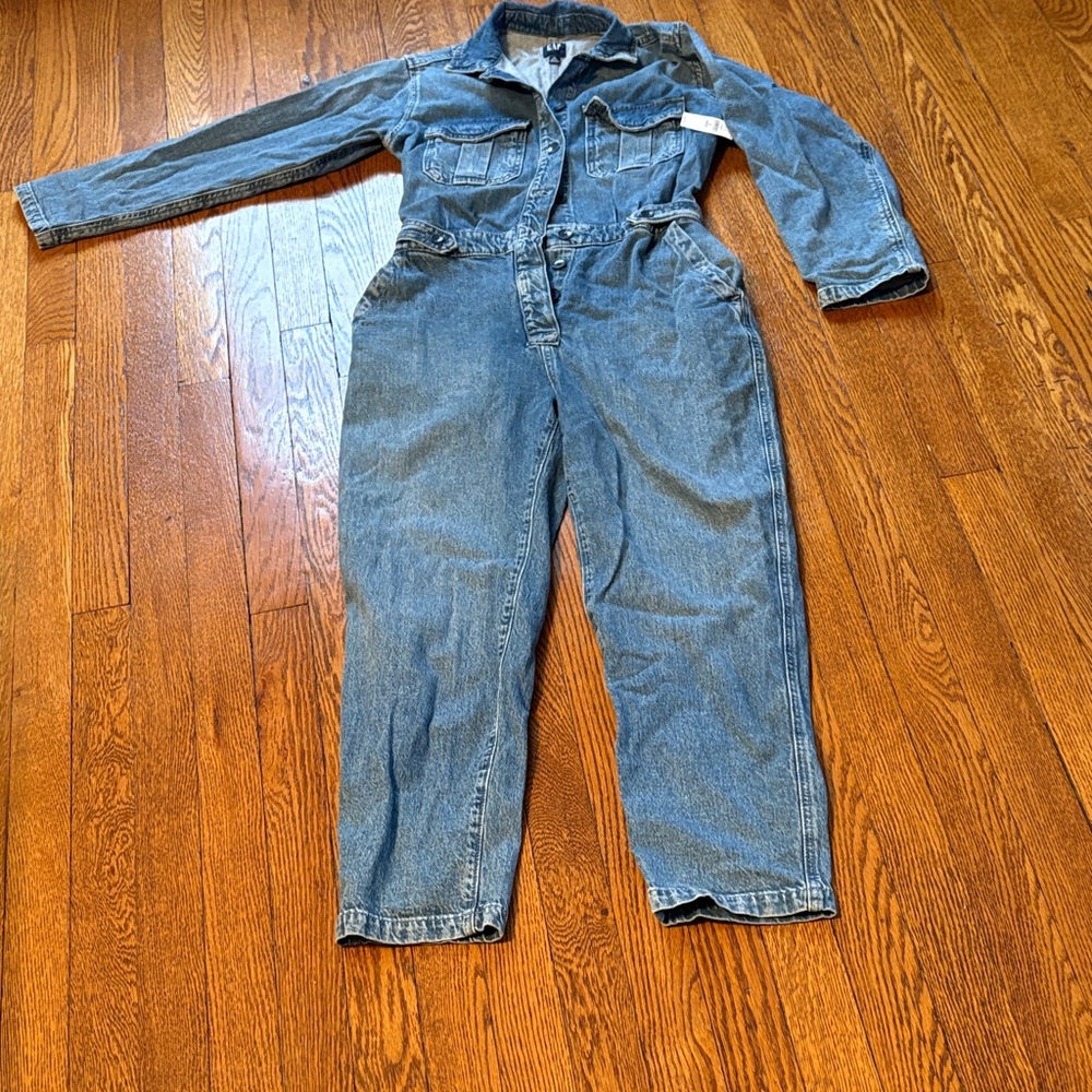 GAP NWT Blue Denim Petite, Long-sleeve, Straight Leg Jumpsuit